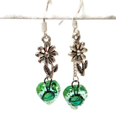 Flower Green Recycled Glass Dangle Earrings. Handcrafted fused heart beads. Long sunflower drops. Best gift! Casual jewelry