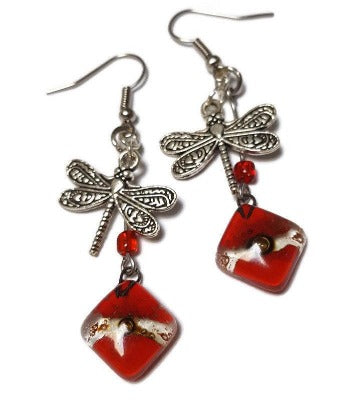 Dragonfly Recycled Glass Dangle Earrings. Handcrafted fused beads. Long Red and brown drops. Best gift!