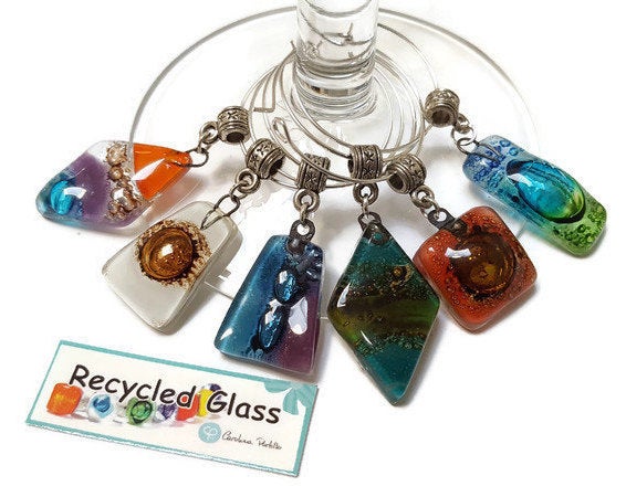 Wine Charms. Set of 6 Six wine charm glass decorations. Drink identifier.  Color fun recycled glass bead charms party decor.