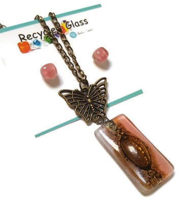 Set Butterfly pink recycled glass long necklace and small glass studs. Butterfly Handmade fused glass pendant and earrings