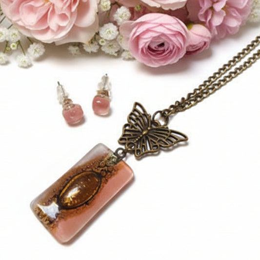 Set Butterfly pink recycled glass long necklace and small glass studs. Butterfly Handmade fused glass pendant and earrings