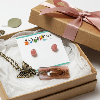 Set Butterfly pink recycled glass long necklace and small glass studs. Butterfly Handmade fused glass pendant and earrings