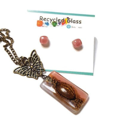 Set Butterfly pink recycled glass long necklace and small glass studs. Butterfly Handmade fused glass pendant and earrings