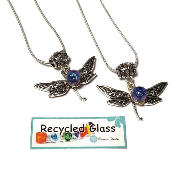 BFF Dragonfly necklace set. Recycled fused glass Lilac and Blue beads.  Set of 2 necklaces. Small dainty pendant. Best gift