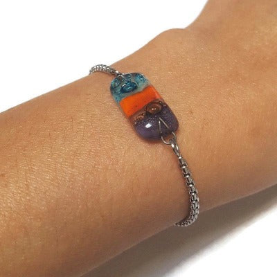 Minimalist, Dainty, Pull Tie bracelet. Adjustable slider bracelet with recycled glass charm. Stainless Steel colorful Sliding easy to wear.