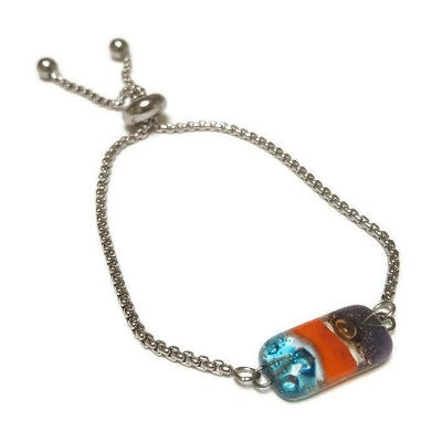 Minimalist, Dainty, Pull Tie bracelet. Adjustable slider bracelet with recycled glass charm. Stainless Steel colorful Sliding easy to wear.