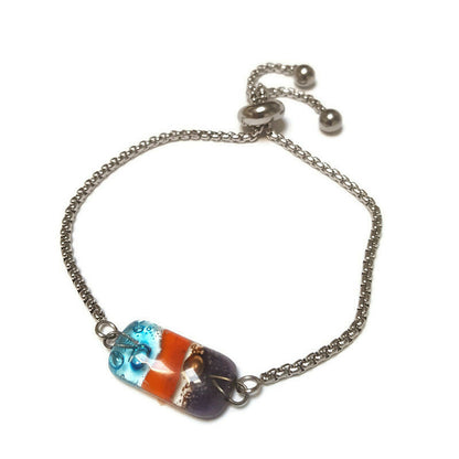 Minimalist, Dainty, Pull Tie bracelet. Adjustable slider bracelet with recycled glass charm. Stainless Steel colorful Sliding easy to wear.