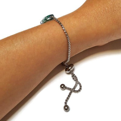 Simple and Minimalist, Dainty, Pull Tie bracelet thin Adjustable sliding bracelet with recycled glass charm. Green Slider Bracelet.