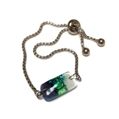 Simple and Minimalist, Dainty, Pull Tie bracelet thin Adjustable sliding bracelet with recycled glass charm. Green Slider Bracelet.