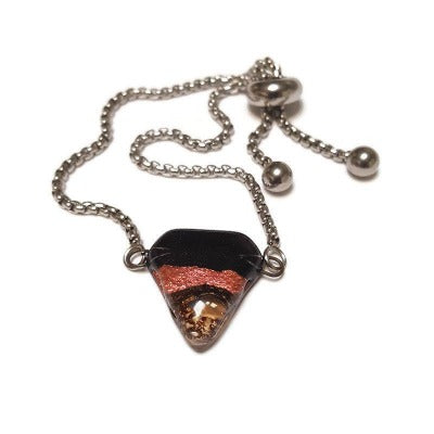 Black and Copper Minimalist, Dainty, Adjustable slider bracelet with recycled glass charm. Stainless Steel Box Chain Slider Bracelet.