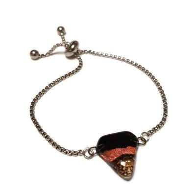 Black and Copper Minimalist, Dainty, Adjustable slider bracelet with recycled glass charm. Stainless Steel Box Chain Slider Bracelet.