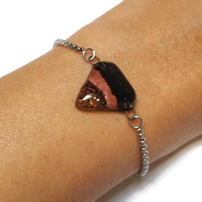 Black and Copper Minimalist, Dainty, Adjustable slider bracelet with recycled glass charm. Stainless Steel Box Chain Slider Bracelet.