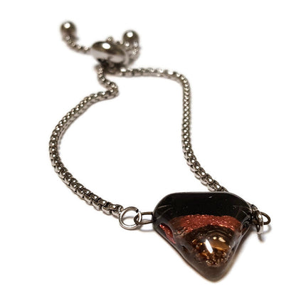 Black and Copper Minimalist, Dainty, Adjustable slider bracelet with recycled glass charm. Stainless Steel Box Chain Slider Bracelet.