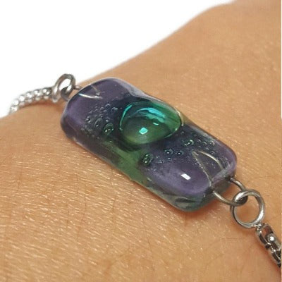 Purple and green Minimalist, Dainty, Pull Tie bracelet. Adjustable slider bracelet with recycled glass charm. Great gift for her.