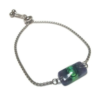 Purple and green Minimalist, Dainty, Pull Tie bracelet. Adjustable slider bracelet with recycled glass charm. Great gift for her.