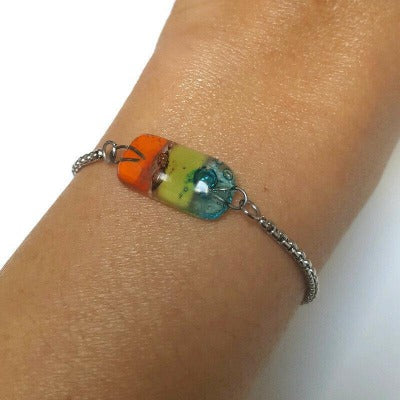 Thin, Dainty, Pull Tie bracelet. Adjustable slider bracelet with recycled glass charm. Chain Slider Bracelet Easy to wear, Everyday Bracelet