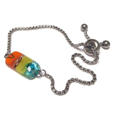 Thin, Dainty, Pull Tie bracelet. Adjustable slider bracelet with recycled glass charm. Chain Slider Bracelet Easy to wear, Everyday Bracelet