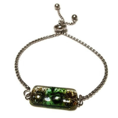 Minimalist, Dainty, Pull Tie bracelet. Adjustable slider bracelet with recycled glass charm. Stainless Steel. Organic brown green color.
