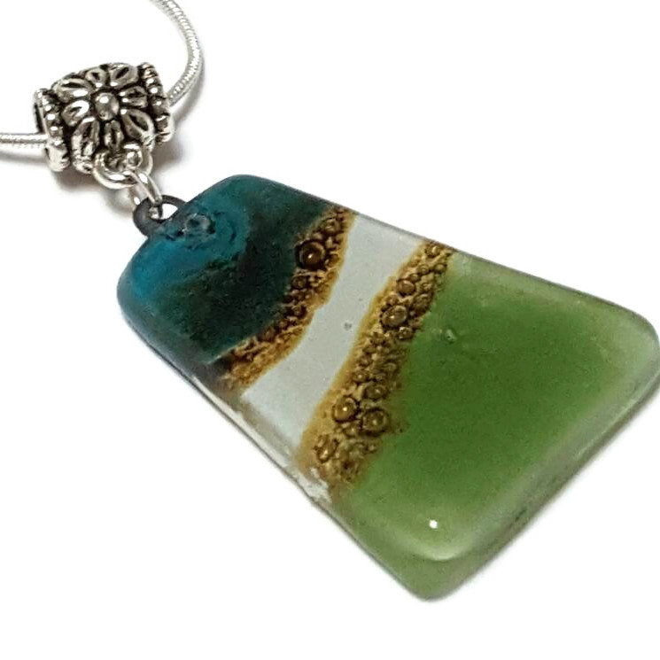 Green, white and White Recycled Fused Glass small Pendant. Geometric Necklace. Green jewelry. Handcrafted jewelry. Best holiday gifts