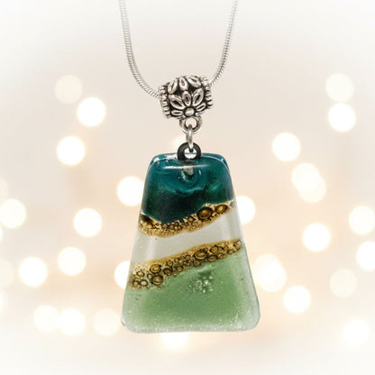 Green, white and White Recycled Fused Glass small Pendant. Geometric Necklace. Green jewelry. Handcrafted jewelry. Best holiday gifts