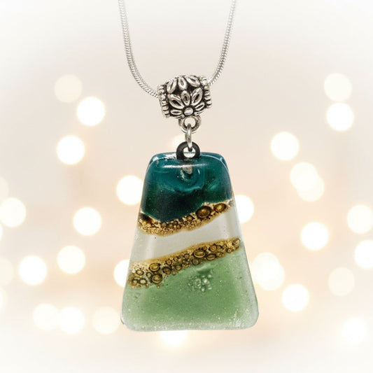 Green, white and White Recycled Fused Glass small Pendant. Geometric Necklace. Green jewelry. Handcrafted jewelry. Best holiday gifts