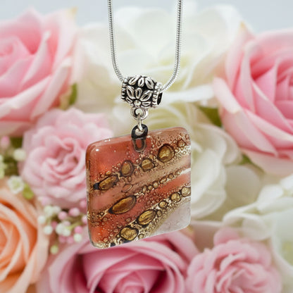 Square small Pendant. Handmade Red, Pink and Brown  Recycled Fused Glass Necklace. Dainty colorful necklace. Everyday Pendant. handcrafted