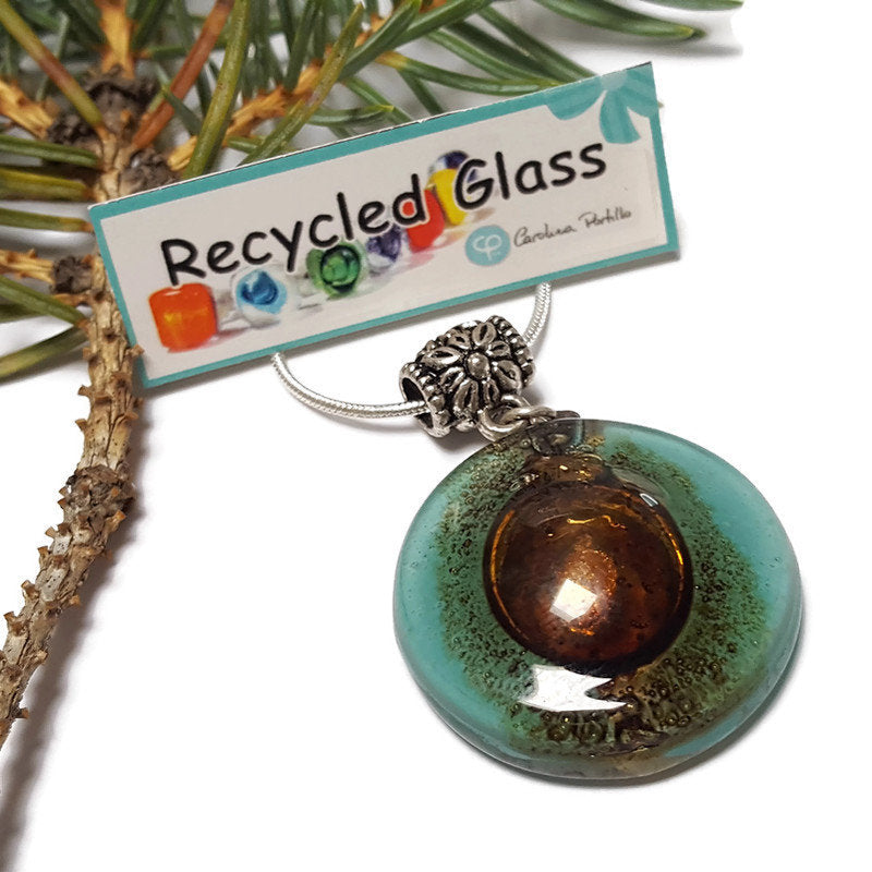 Blue Green, Teal Recycled fused glass pendant. Awesome golden bubbles. Handmade necklace. Eco friendly best holiday gifts.