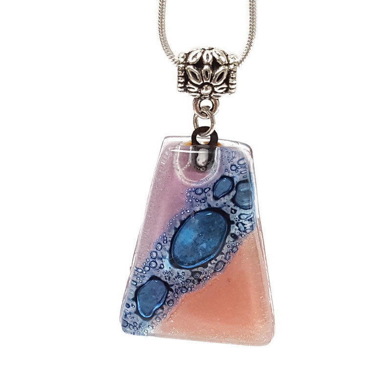 Pink, lilac and Blue Recycled Fused Glass small Pendant. Awesome glass bubbles. Ocean, beach Sea Jewelry. Best gift idea. Handcrafted beads