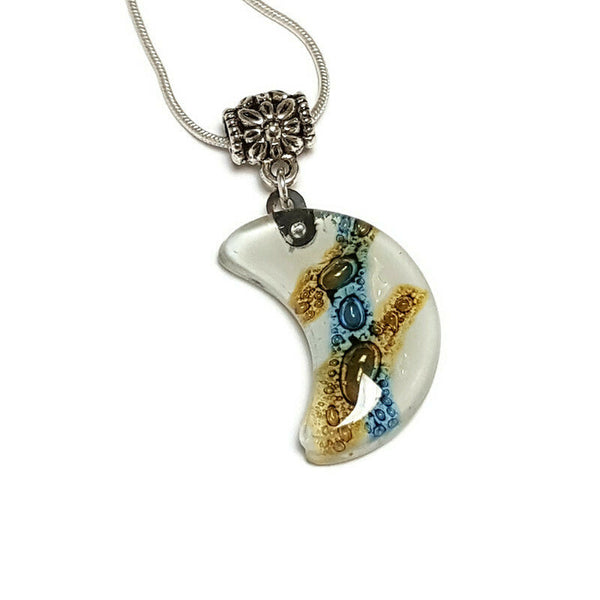 Blue Moon shape Recycled Glass pendant. Fused Glass Necklace. Moon Charm. Great gift idea. Handcrafted beads. Eco-friendly magical jewelry