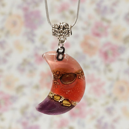 Purple Moon. Recycled fused Glass Pendant. Small moon shaped necklace. Handmade magic jewelry. Moon lovers gift. Eco Friendly. Astros