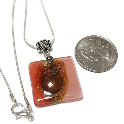 Necklace. Square Red and pink small recycled glass Pendant. Handmade Red, pink and brown. Dainty colorful necklace. Everyday Pendant