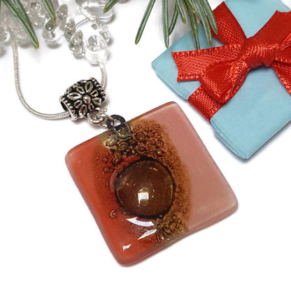 Necklace. Square Red and pink small recycled glass Pendant. Handmade Red, pink and brown. Dainty colorful necklace. Everyday Pendant