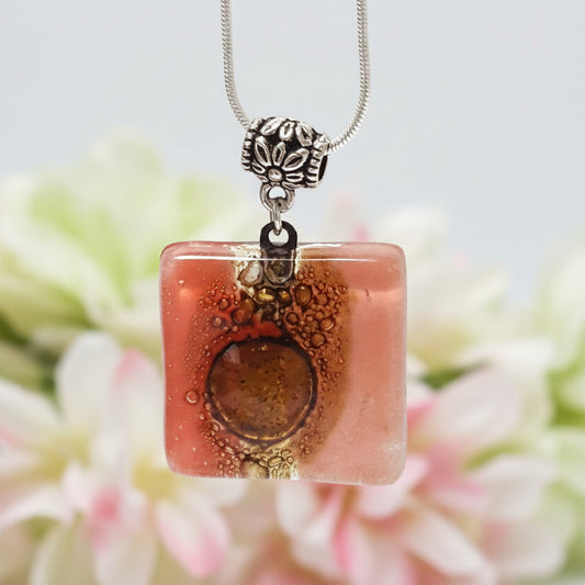 Necklace. Square Red and pink small recycled glass Pendant. Handmade Red, pink and brown. Dainty colorful necklace. Everyday Pendant