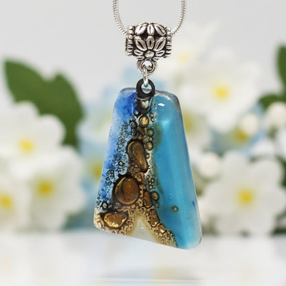 Blue, white and Brown Recycled Fused Glass small Pendant. Geometric Ocean Sea Jewelry. Awesome handmade gifts.