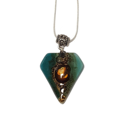 Fused Glass Pendant . Teal and Brown Glass Necklace. Silver Plated Chain. Unique Glass Recycled Glass Pendant. Great gift under 15, Handmade