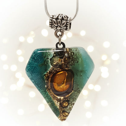Fused Glass Pendant . Teal and Brown Glass Necklace. Silver Plated Chain. Unique Glass Recycled Glass Pendant. Great gift under 15, Handmade