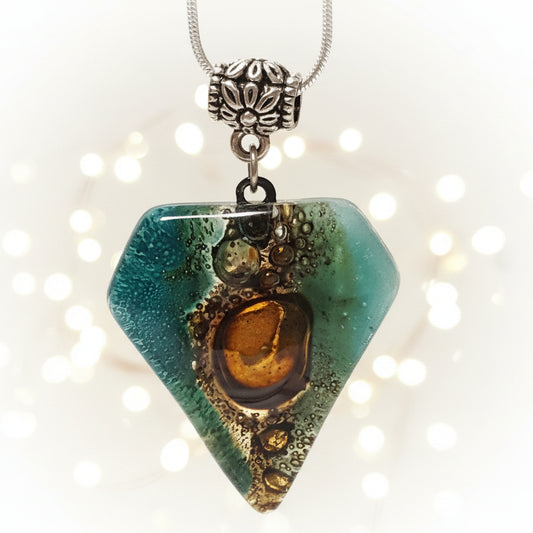 Fused Glass Pendant . Teal and Brown Glass Necklace. Silver Plated Chain. Unique Glass Recycled Glass Pendant. Great gift under 15, Handmade