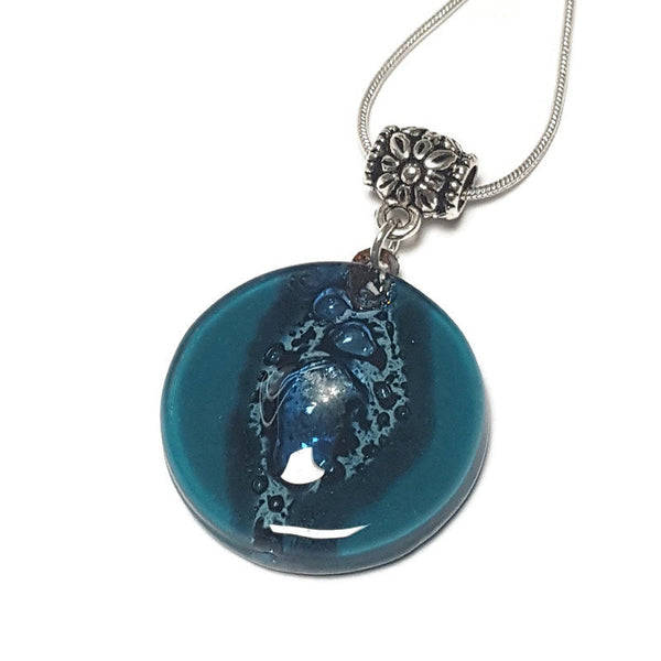 Glass pendantTeal and blue round Fused Glass Pendant. Recycled Glass Necklace. handmade Jewelry. Best holiday gift. Hand painted fused glass