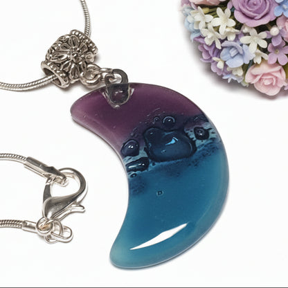 Purple, blue Moon Recycled Glass Pendant. Small moon made of Recycled Glass. Handmade. Best holiday gift. Crescent moon. Waxing moon