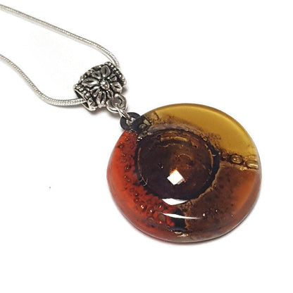 Glass pendant Red, Beige, terracotta and Brown round Fused Glass Pendant. Recycled Fused Glass Necklace. Golden bubbles. Handmade gifts