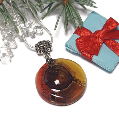 Glass pendant Red, Beige, terracotta and Brown round Fused Glass Pendant. Recycled Fused Glass Necklace. Golden bubbles. Handmade gifts