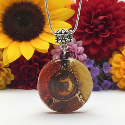 Glass pendant Red, Beige, terracotta and Brown round Fused Glass Pendant. Recycled Fused Glass Necklace. Golden bubbles. Handmade gifts