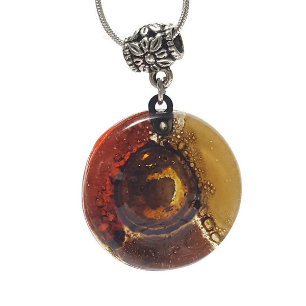 Glass pendant Red, Beige, terracotta and Brown round Fused Glass Pendant. Recycled Fused Glass Necklace. Golden bubbles. Handmade gifts