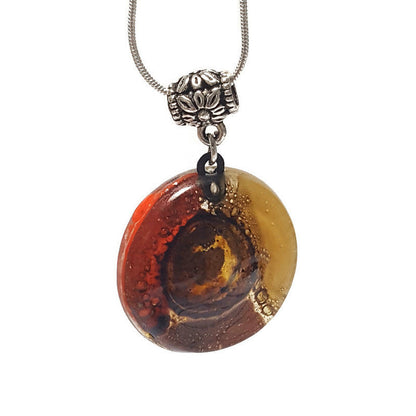 Glass pendant Red, Beige, terracotta and Brown round Fused Glass Pendant. Recycled Fused Glass Necklace. Golden bubbles. Handmade gifts