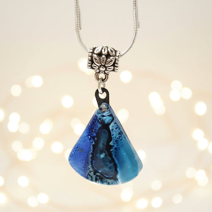 Glass pendant. Blue Recycled Fused Glass Necklace. Simi circular sector, Pie slice shape. Unique handcrafted jewelry. Glass with bubbles