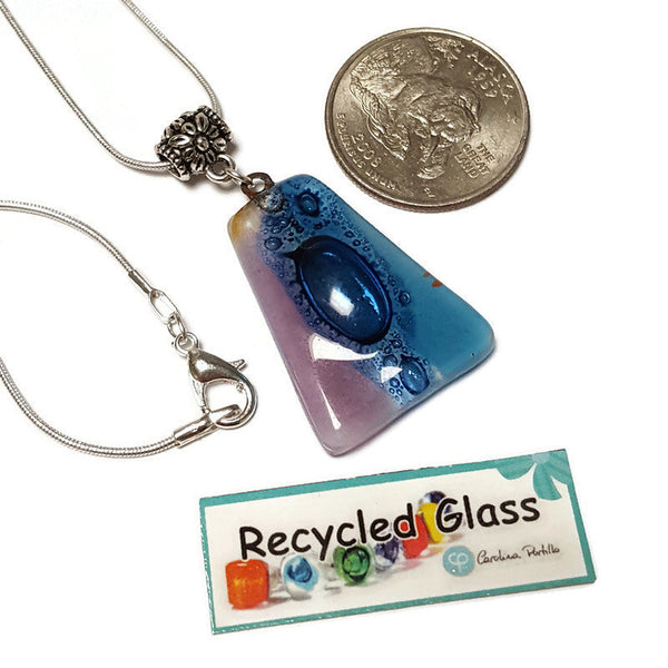 Blue and lilac Recycled Fused Glass small Pendant. Handmade unique geometric necklace. Glass with bubbles.  Best One of a kind gifts.