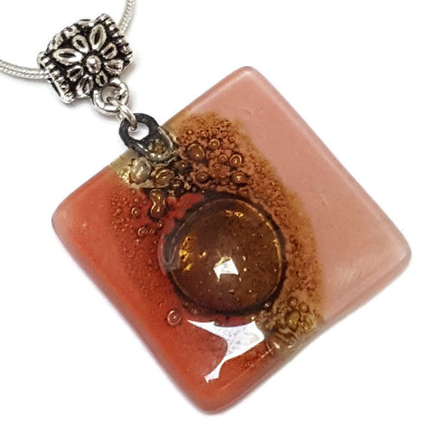 Necklace. Square Red and pink small recycled glass Pendant. Handmade Red, pink and brown. Dainty colorful necklace. Everyday Pendant