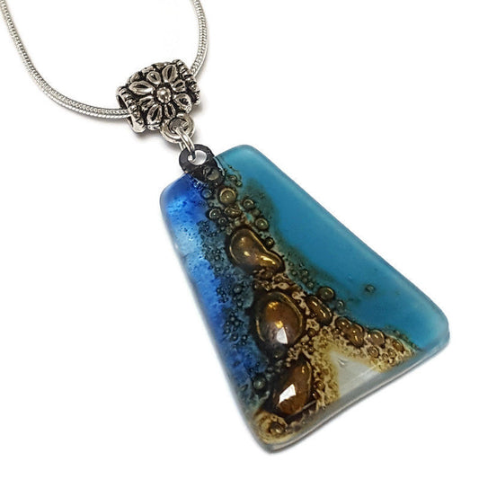 Blue, white and Brown Recycled Fused Glass small Pendant. Geometric Ocean Sea Jewelry. Awesome handmade gifts.