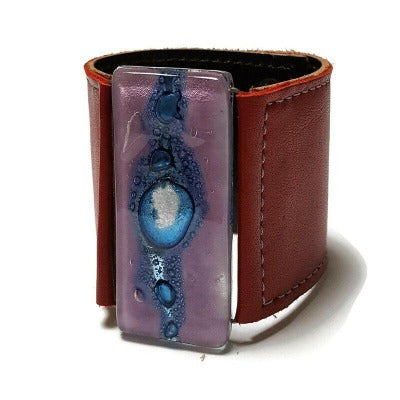 Wide Leather Cuff. Deep Red soft Leather Bracelet. Recycled glass Bracelet. Blue and purple bead. Silver metallic bubbles. Statement  cuff