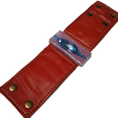 Wide Leather Cuff. Deep Red soft Leather Bracelet. Recycled glass Bracelet. Blue and purple bead. Silver metallic bubbles. Statement  cuff